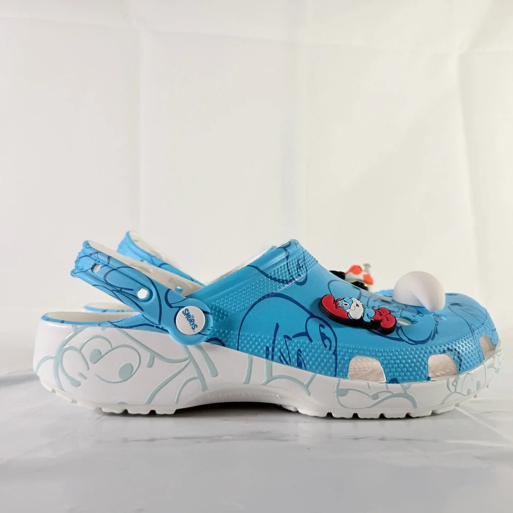 Crocs Smurfs Classic Clog Men 11 Blue White Allover Print Jibbitz Charms NWT